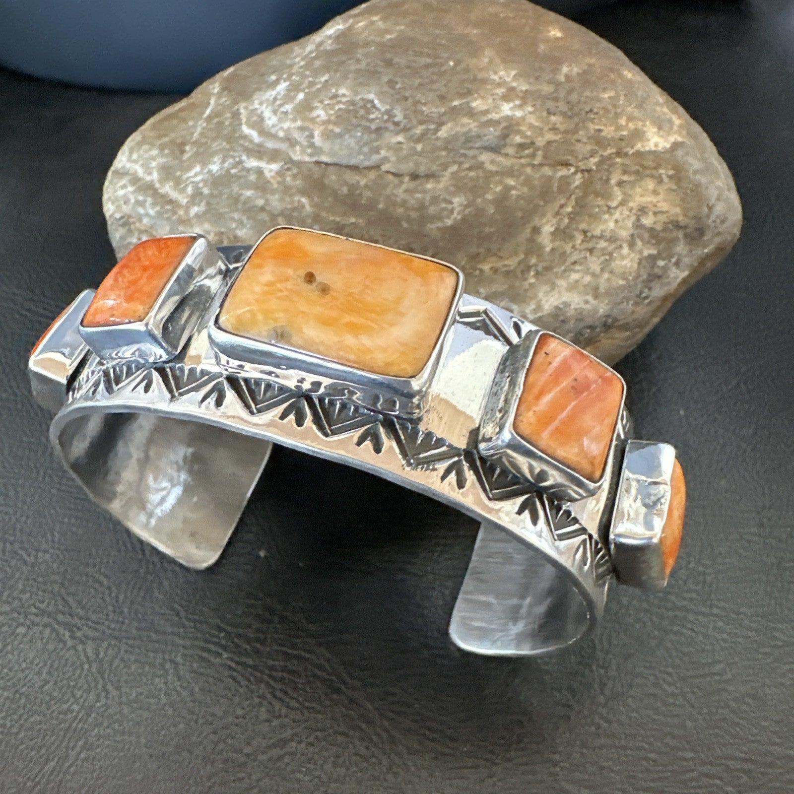 Orange Spiny Oyster 5 Stone Row Sterling Silver Navajo Cuff Bracelet 7.7" 19478
