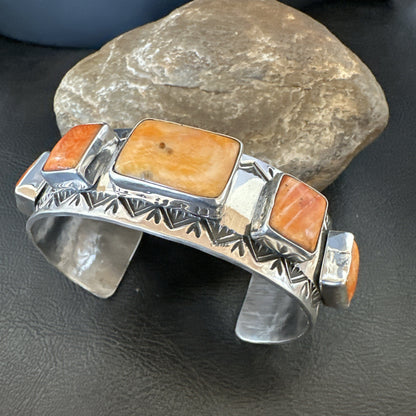 Orange Spiny Oyster 5 Stone Row Sterling Silver Navajo Cuff Bracelet 7.7" 19478
