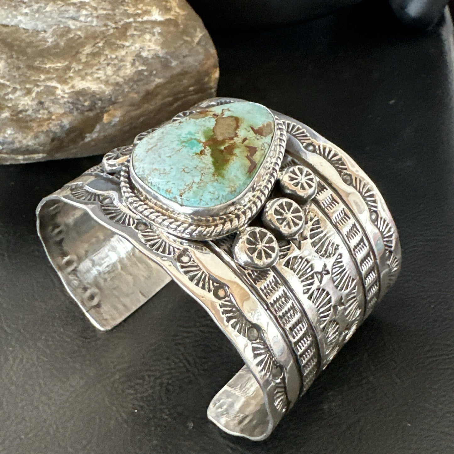 Navajo Women Green Royston Turquoise Stamped Sterling Silver Cuff Bracelet 17947