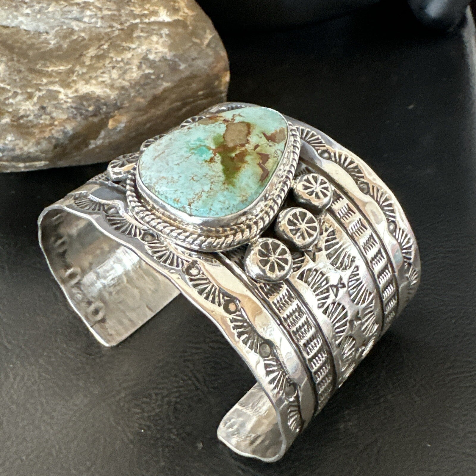 Navajo Women Green Royston Turquoise Stamped Sterling Silver Cuff Bracelet 17947
