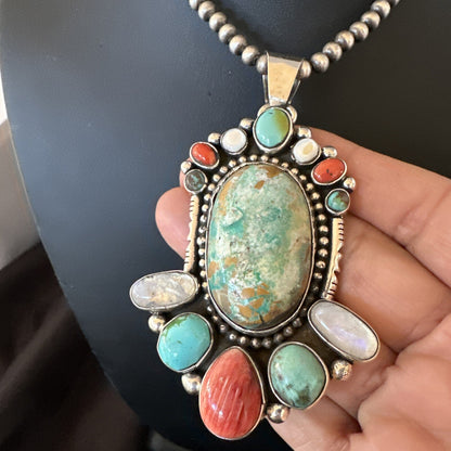XL Royston Turquoise Spiny Cluster Pendant Navajo Sterling Silver Necklace 18750