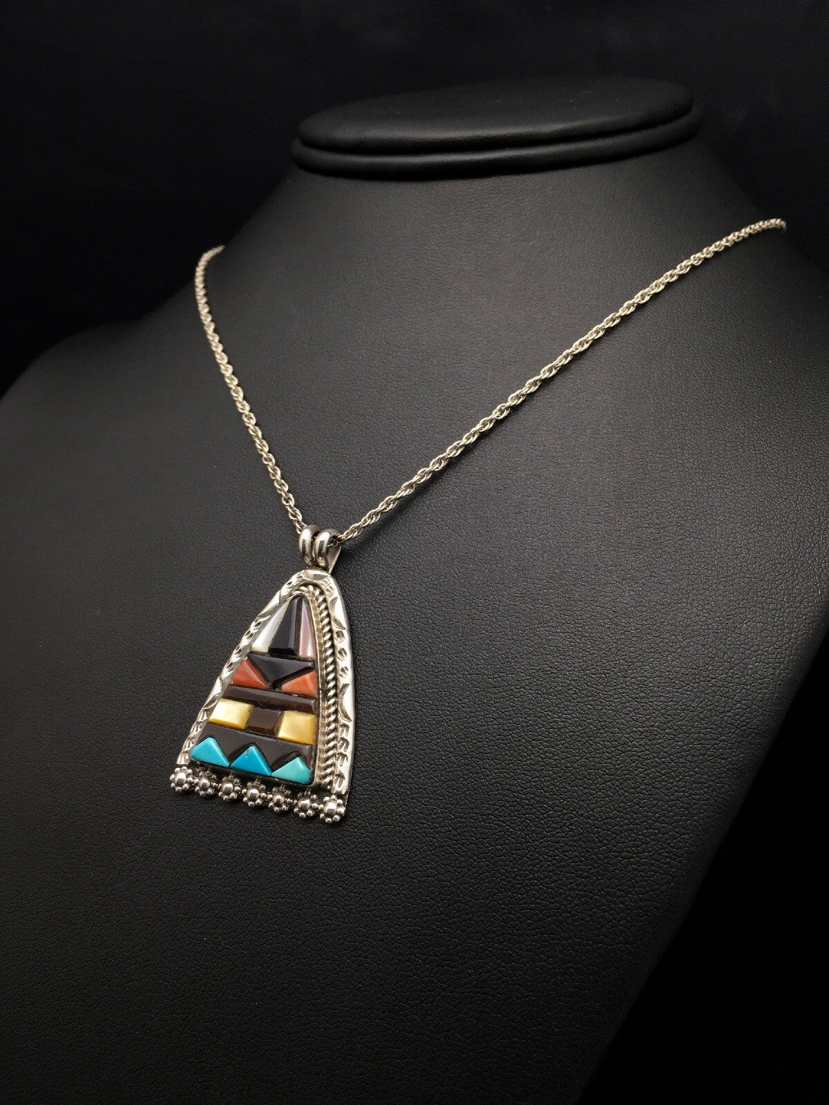 Turquoise Multi-Color Pendant Navajo Indian Sterling Silver Necklace 4093