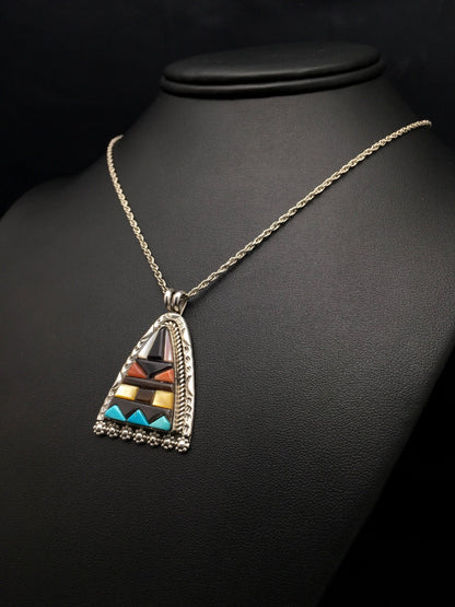 Turquoise Multi-Color Pendant Navajo Indian Sterling Silver Necklace 4093