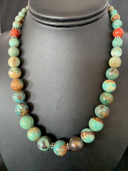 Green Turquoise Apple Coral Navajo Graduated Sterling SIlver Necklace 18" 13207N