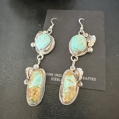 Green Royston Turquoise Navajo Sterling Silver Dangle Earrings 19601