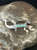 Blue Turquoise Navajo Inlay Gecko Lizard Pin | Sterling Silver | Authentic Native American Handmade | 18156