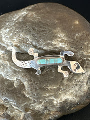 Blue Turquoise Navajo Inlay Gecko Lizard Pin | Sterling Silver | Authentic Native American Handmade | 18156