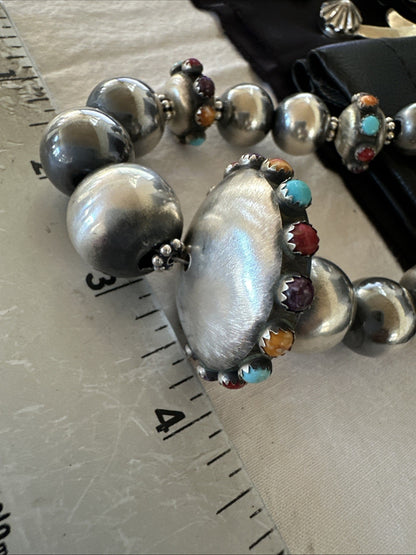 Multicolor Spiny Navajo Pearls Turquoise Sterling Silver Necklace 23” 19448