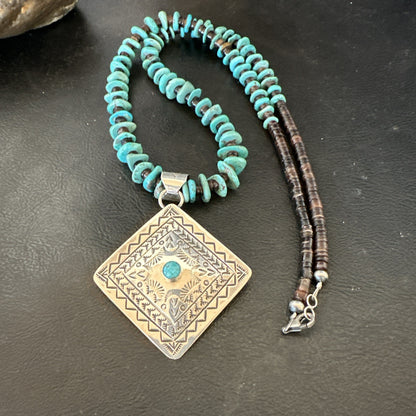 Navajo Blue Turquoise Stamped Pendant Shell Sterling Silver 25” Necklace 19706