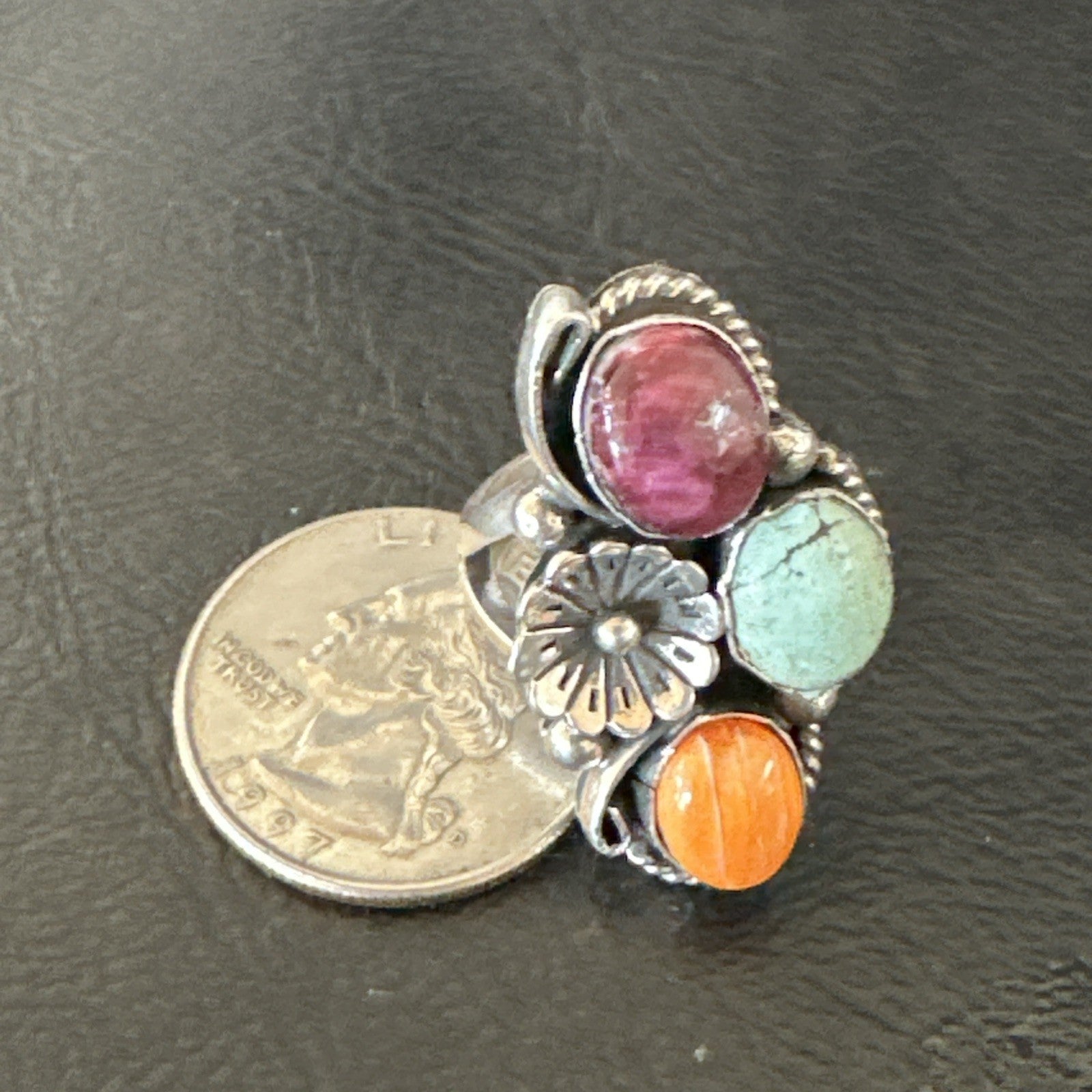 Multicolor Ring Turquoise Spiny Navajo Sterling Silver Cluster Size 8 19170