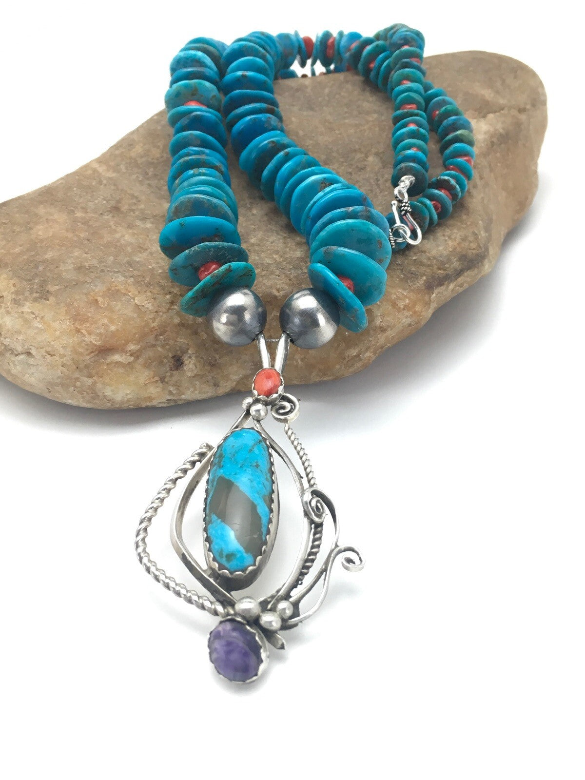 Kingman Turquoise & Spiny Oyster Pendant Navajo Sterling Silver Necklace 02637