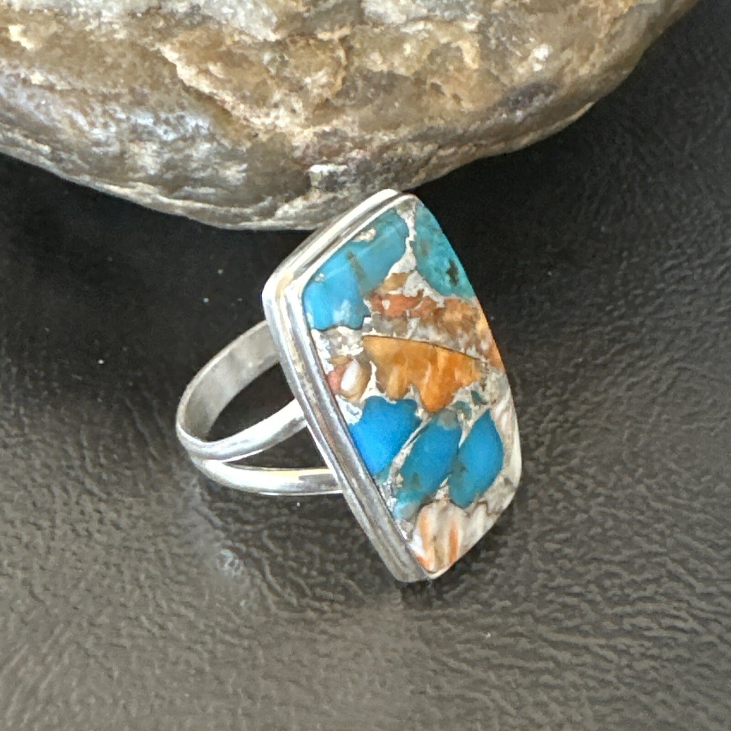 Blue Turquoise Spiny Oyster Southwestern Sterling Silver Ring Size 11 18452