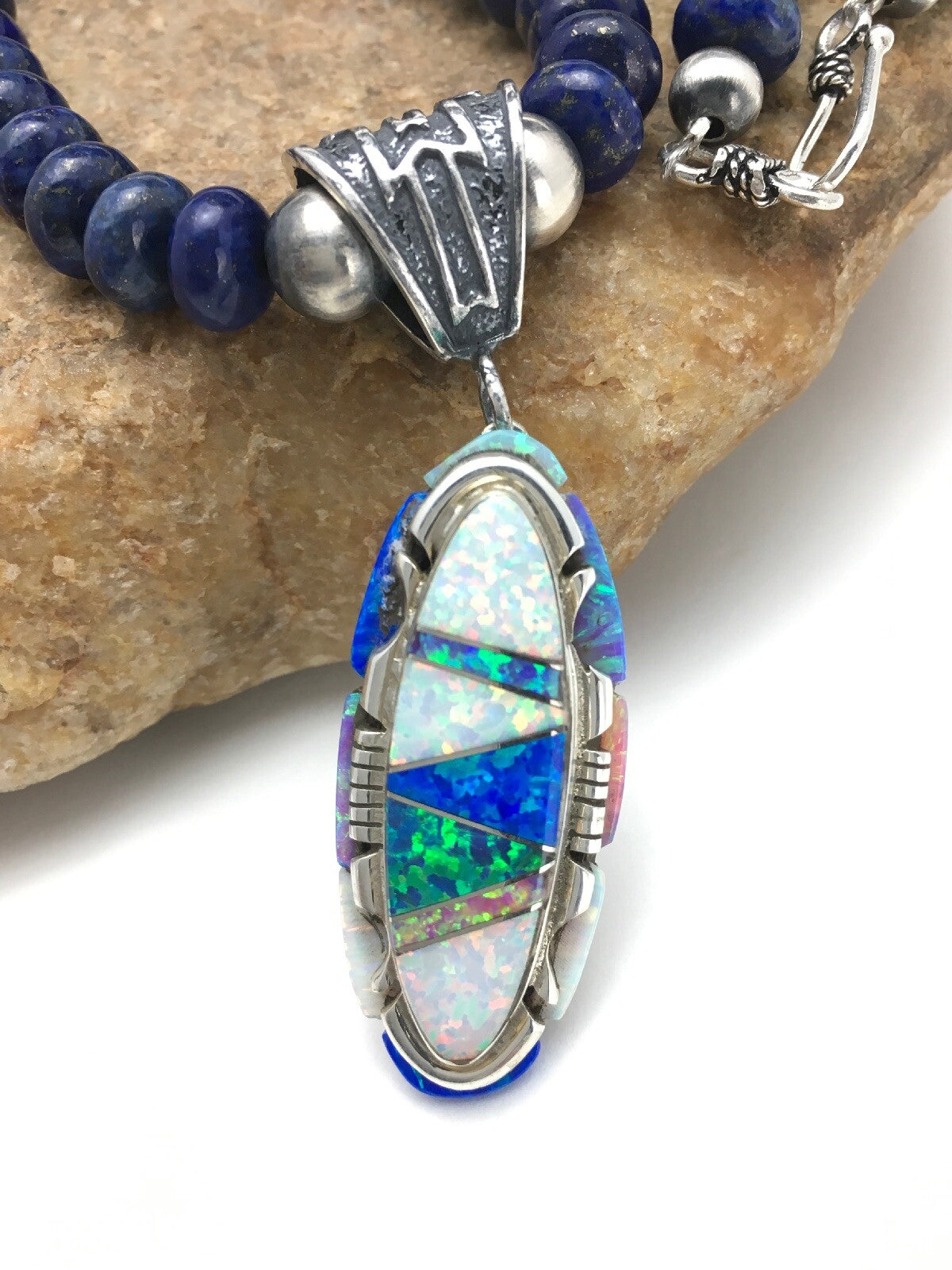 Opal Pendant Lapis Navajo Sterling Silver Necklace 02606