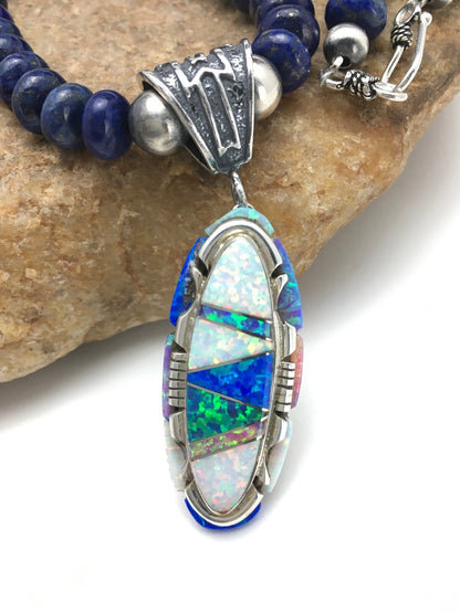 Opal Pendant Lapis Navajo Sterling Silver Necklace 02606