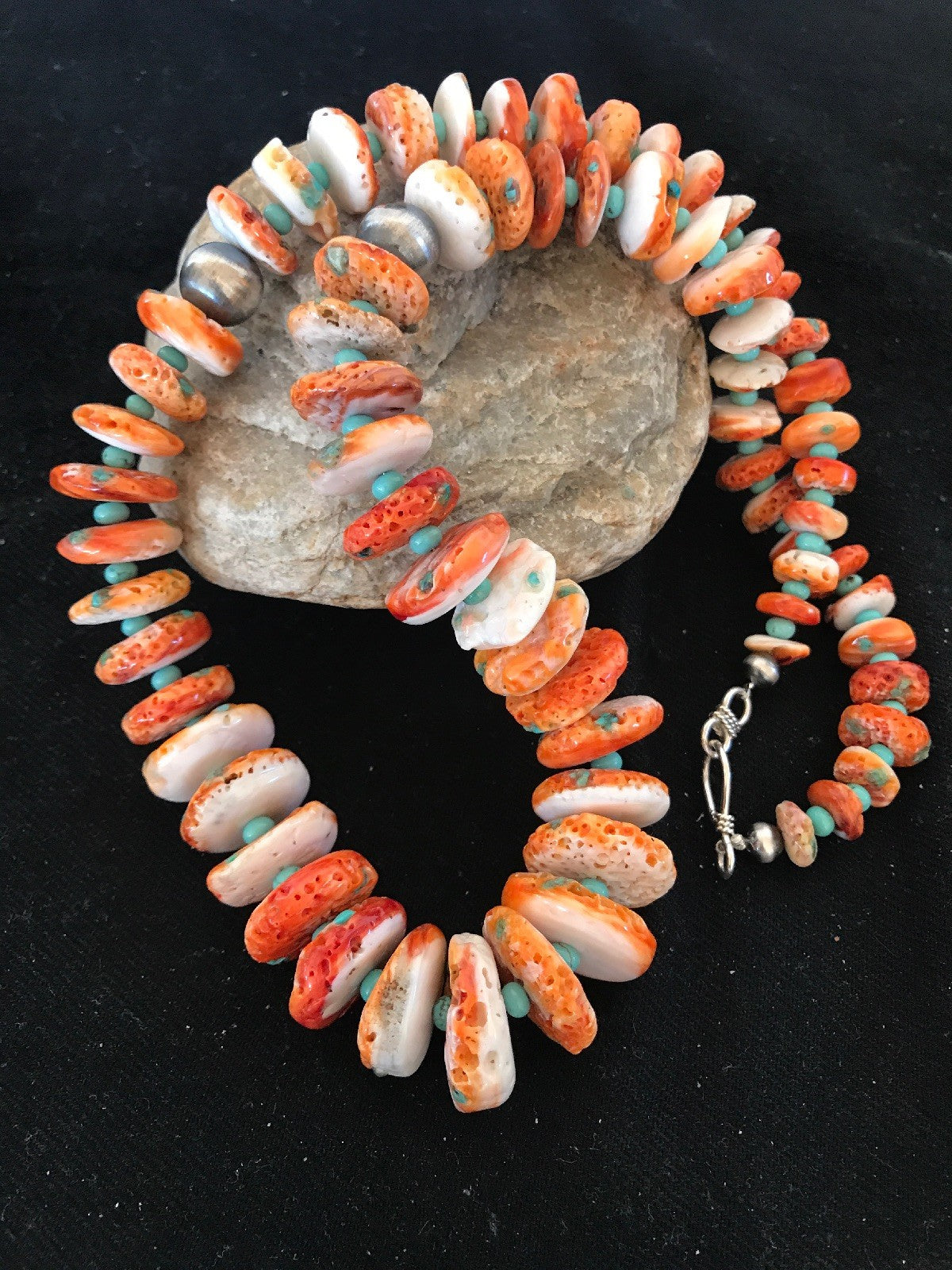 Orange Spiny Oyster Turquoise Navajo Indian Sterling Silver Necklace 22" 03607