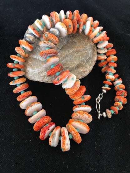 Orange Spiny Oyster Turquoise Navajo Indian Sterling Silver Necklace 22" 03607