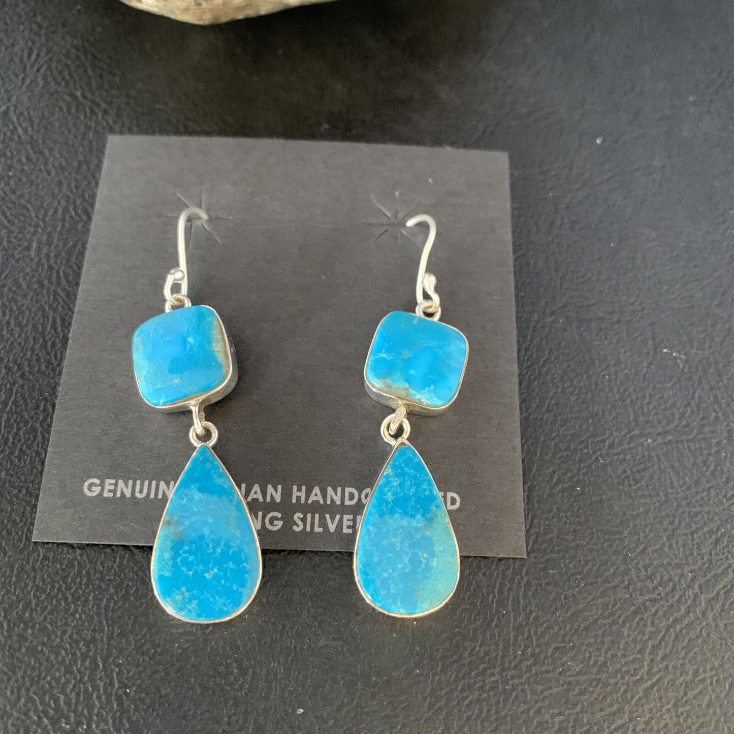 Kingman Turquoise Handmade Navajo Sterling Silver Dangle Earrings 1.5" 14012