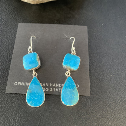 Kingman Turquoise Handmade Navajo Sterling Silver Dangle Earrings 1.5" 14012