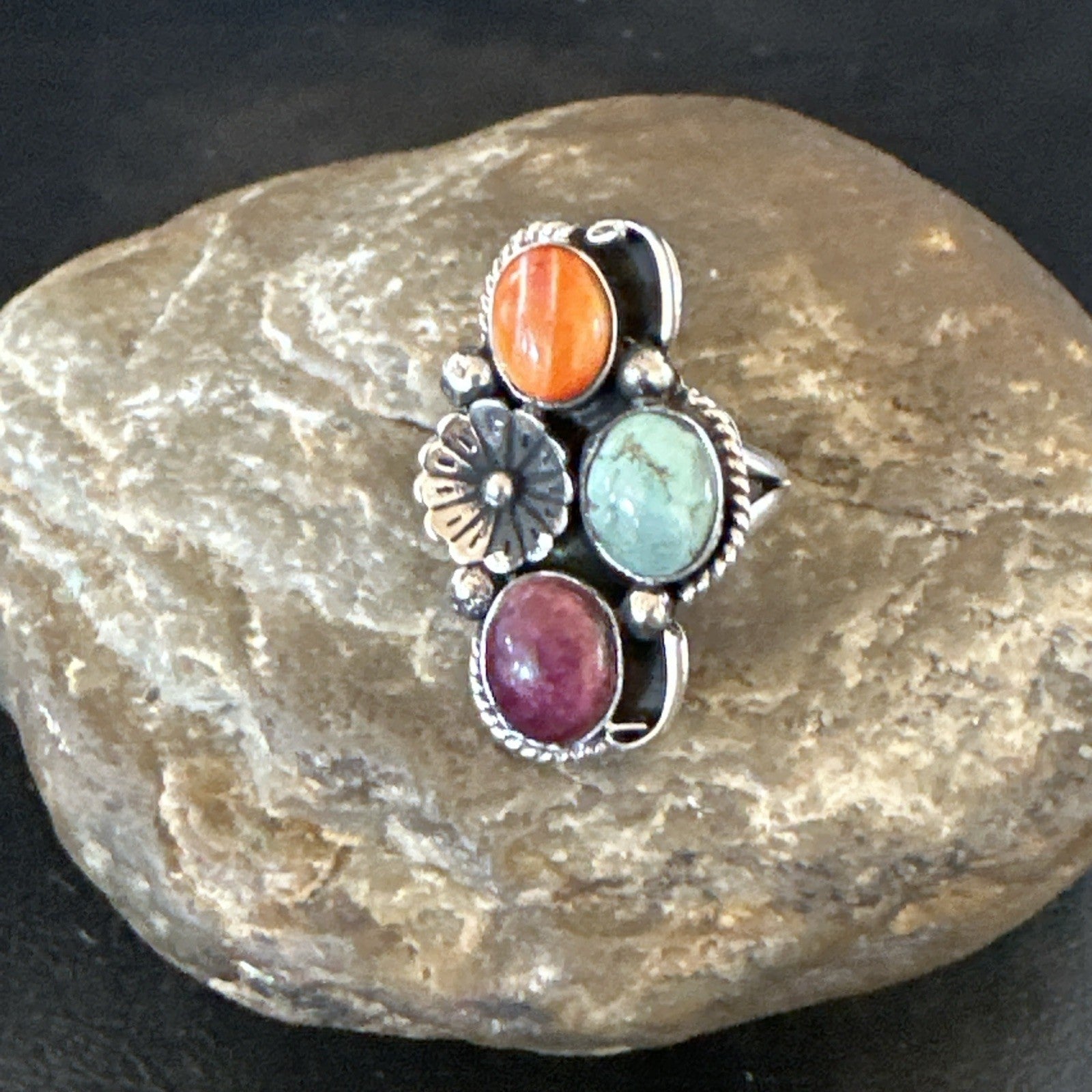 Multicolor Ring Turquoise Spiny Navajo Sterling Silver Cluster Size 6.5 19175