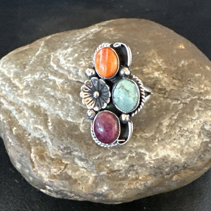 Multicolor Ring Turquoise Spiny Navajo Sterling Silver Cluster Size 6.5 19175