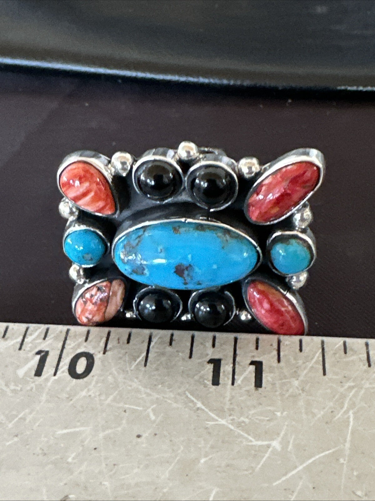 Cluster Blue Turquoise Spiny Oyster Onyx Sterling Silver Ring Size 10 18559