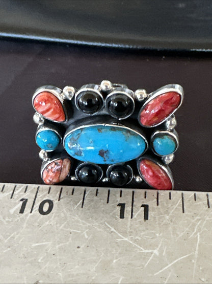 Cluster Blue Turquoise Spiny Oyster Onyx Sterling Silver Ring Size 10 18559