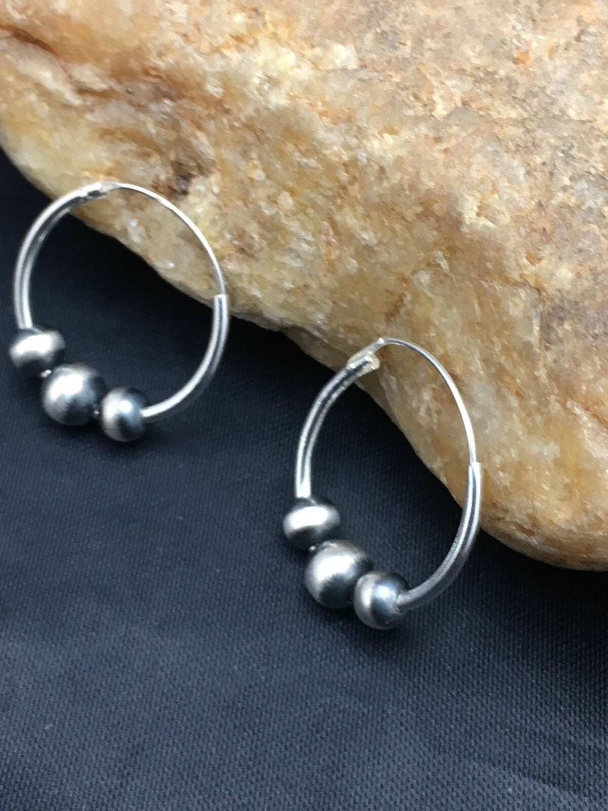 Native American Indian Hoop Sterling Silver Beads Earrings 3108