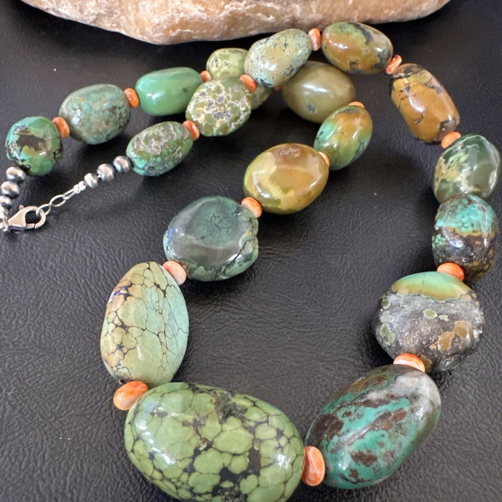 Blue Green Turquoise Spiny Chunky Navajo Sterling Silver Necklace 21” 19255
