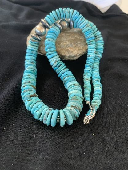 Blue Turquoise Graduated Navajo Pearls Sterling Silver Necklace 25" 00602