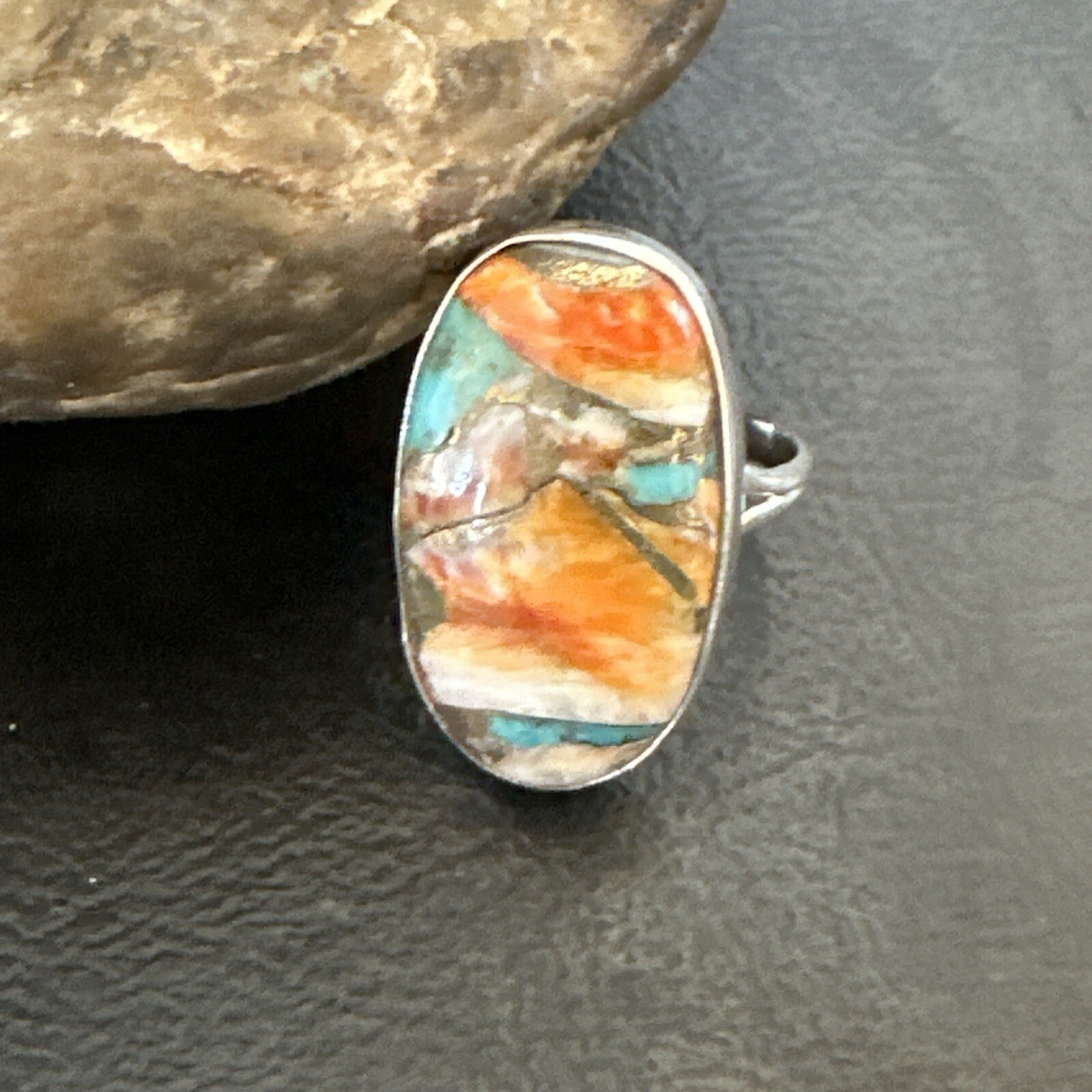 Blue Turquoise Spiny Oyster Navajo Sterling Silver Ring Size 8 18252