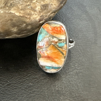 Blue Turquoise Spiny Oyster Navajo Sterling Silver Ring Size 8 18252