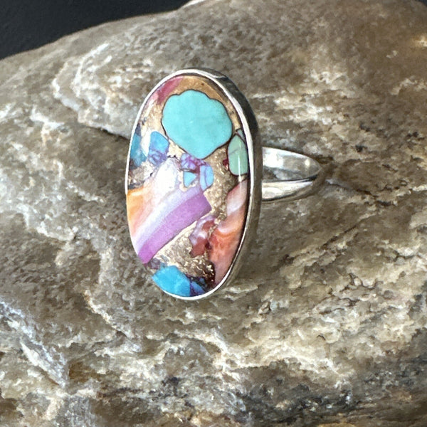 Blue Turquoise Spiny Oyster Navajo Ring Size 8 | Sterling Silver | Authentic Native American Handmade | 18234