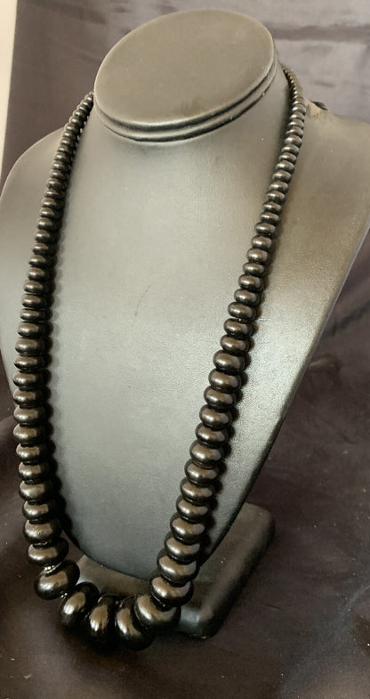 Black Jet Onyx Graduated Bead Navajo Pearls Sterling Silver Necklace 24" 12529