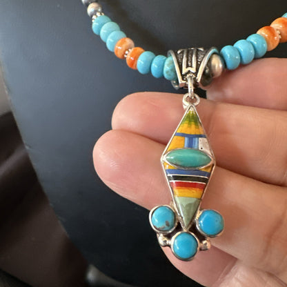 Multicolor Turquoise Pendant Navajo Sterling Silver Beads Necklace 18730