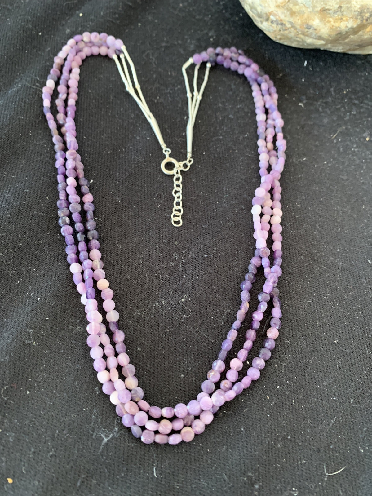 Purple Stone Beads Liquid Heishi 3 Strands Sterling Silver Tubes Necklace 850