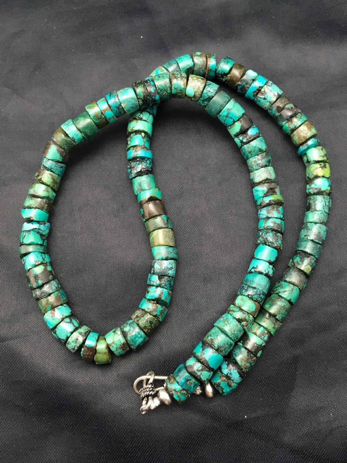 Turquoise Heishi 12 mm Beads Southwestern Sterling Silver Necklace 23” 13976
