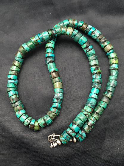Turquoise Heishi 12 mm Beads Southwestern Sterling Silver Necklace 23” 13976