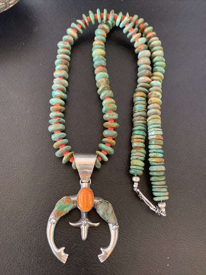 Blue Turquoise Spiny Oyster Naja Pendant Navajo Sterling Silver Necklace 10255