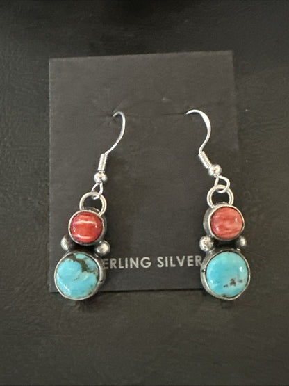 Handmade Blue Turquoise Red Coral Sterling Silver Navajo Dangle Earrings 18845