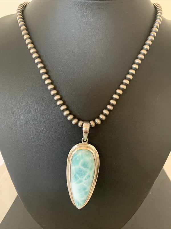 Women's Blue Larimar Pendant Navajo Beads Necklace | Sterling Silver | Authentic Native American Handmade | 01766