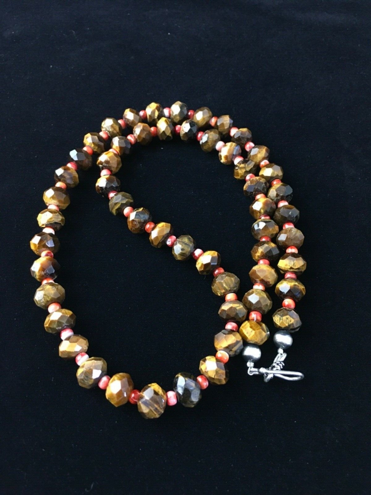 Tiger's Eye & Spiny Oyster Navajo Sterling Silver Necklace 1793