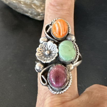 Multicolor Ring Turquoise Spiny Navajo Sterling Silver Cluster Size 9 19173