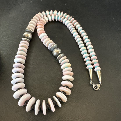 Pink Queen Conch Turquoise Graduated Navajo Sterling Silver Necklace 24” 19016