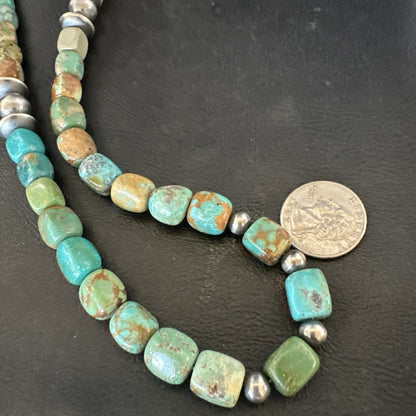 Cube Green Turquoise Navajo Graduated Sterling Silver Necklace 21” 19205