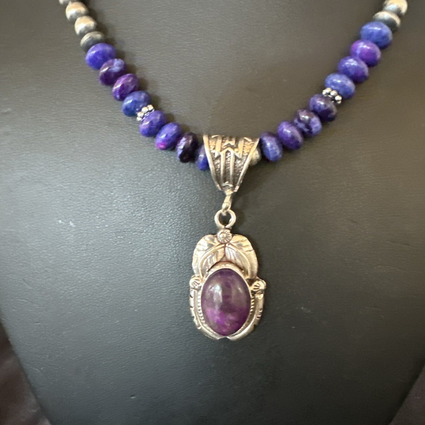Purple Stone Pendant Navajo Pearls Sterling Silver Necklace 21” 18034