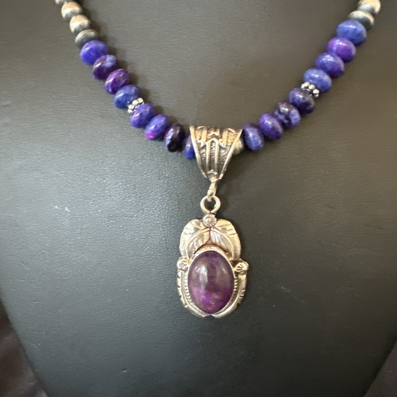 Purple Stone Pendant Navajo Pearls Sterling Silver Necklace 21” 18034