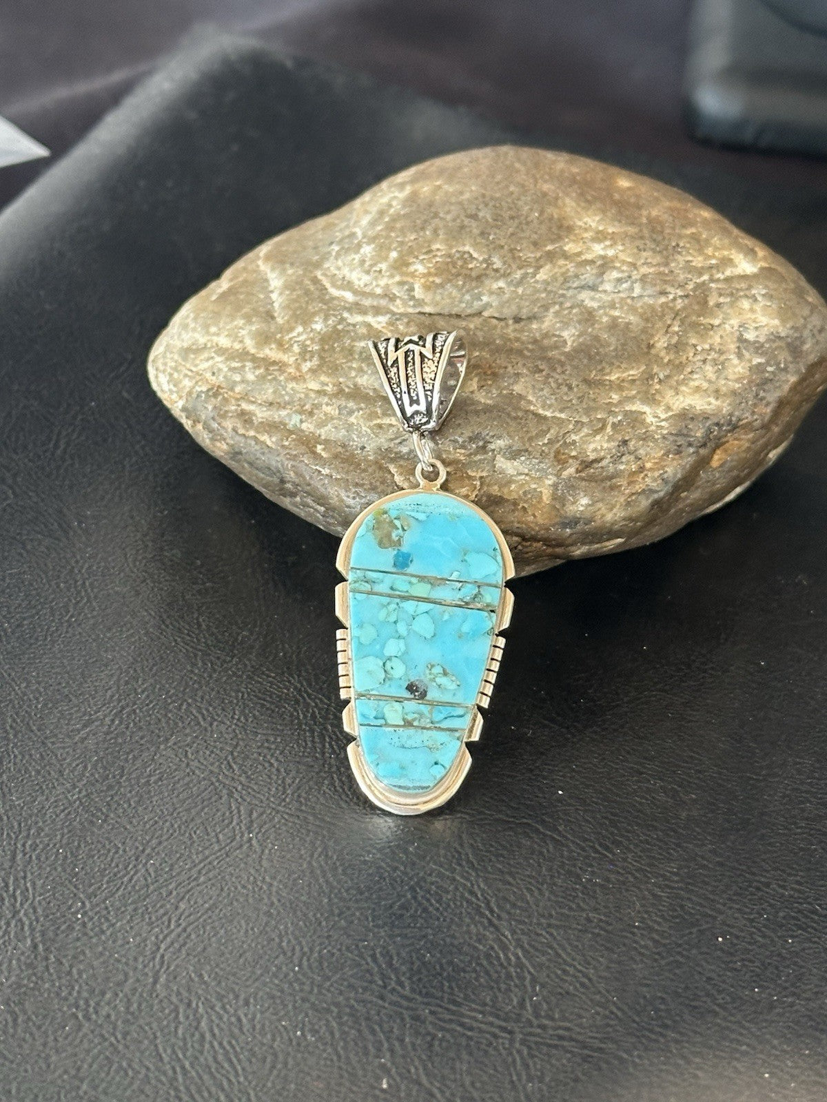 Navajo B E Inlay 925 Sterling Silver Turquoise Pendant Cobblestone 2.5" 19398