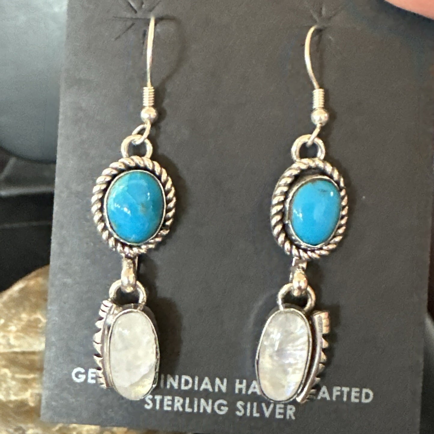 Navajo White MOP Blue Turquoise Sterling Silver Dangle Earrings 18185