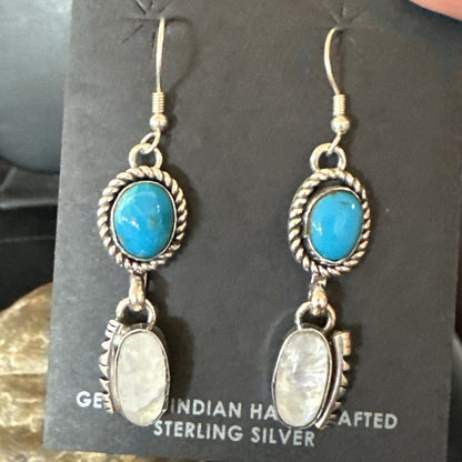 Navajo White MOP Blue Turquoise Sterling Silver Dangle Earrings 18185