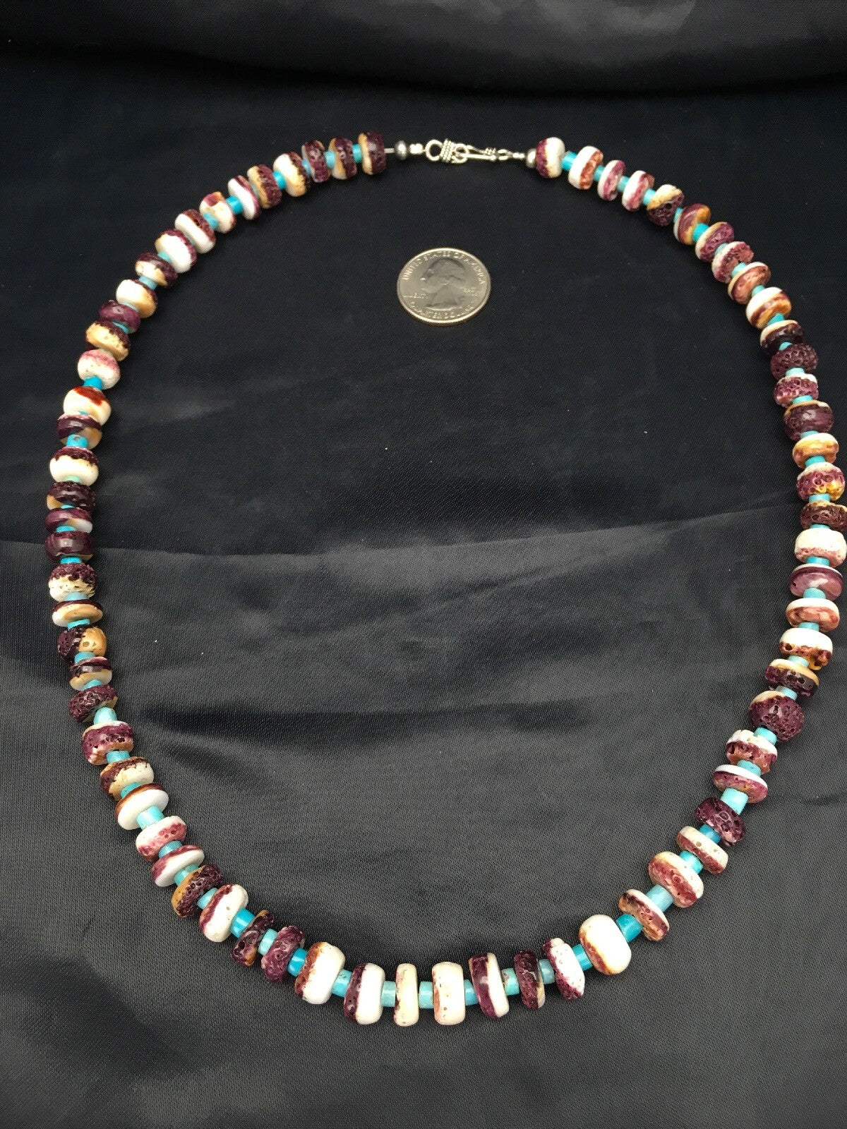 Purple Spiny Oyster & Turquoise Navajo Sterling Silver Bead Necklace 02617